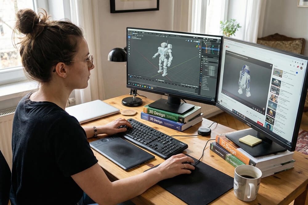 Girl learning to model Blender