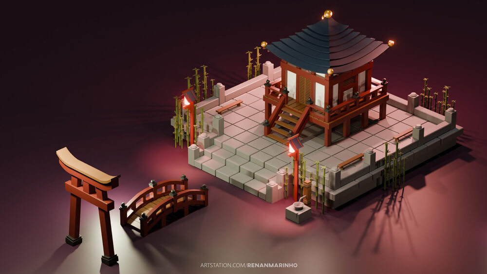 Renderet japansk tempel i Blender